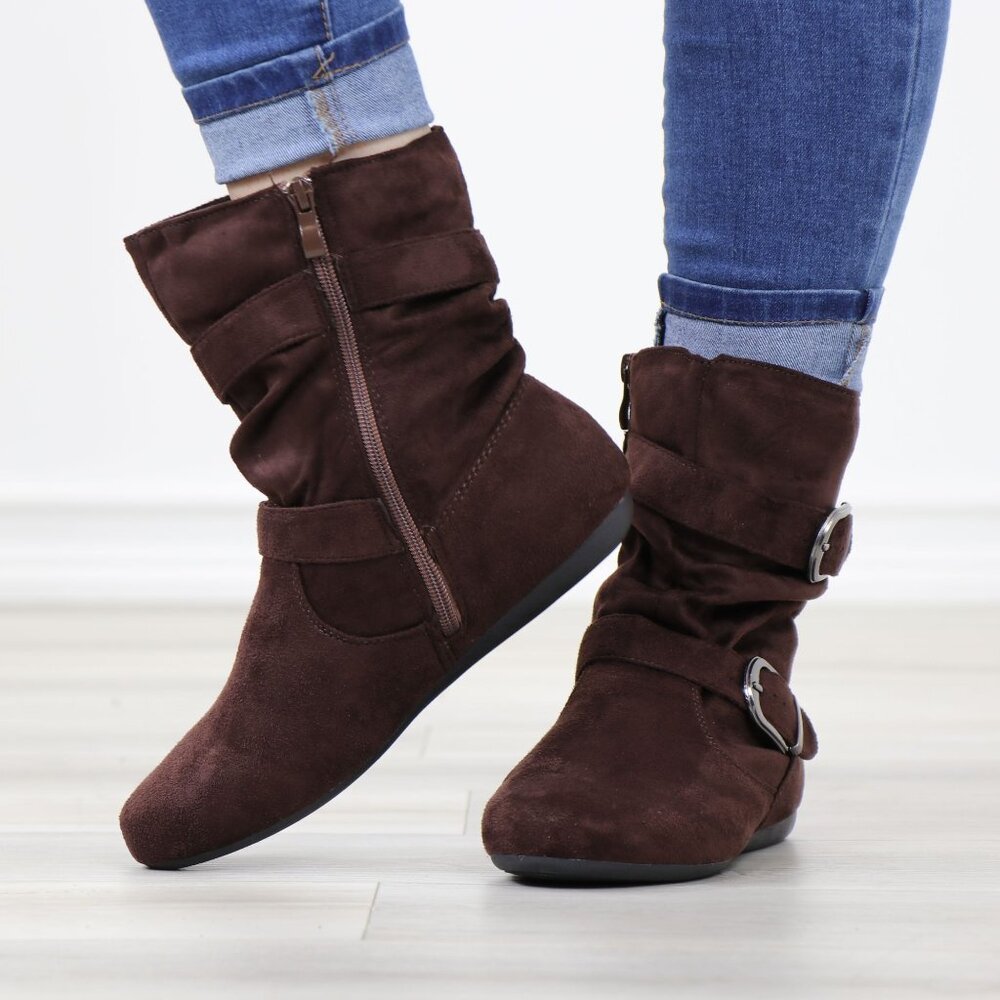 Brown Suede Buckle Boots  Flat Sole Slouchy Fit Everyday Fall Style - Picture 11 of 14